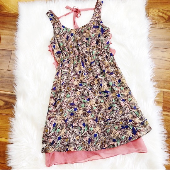 Judith March Peacock Feather Dress Mauve Pink Sleeveless Chiffon Bow Neck - Picture 3 of 6